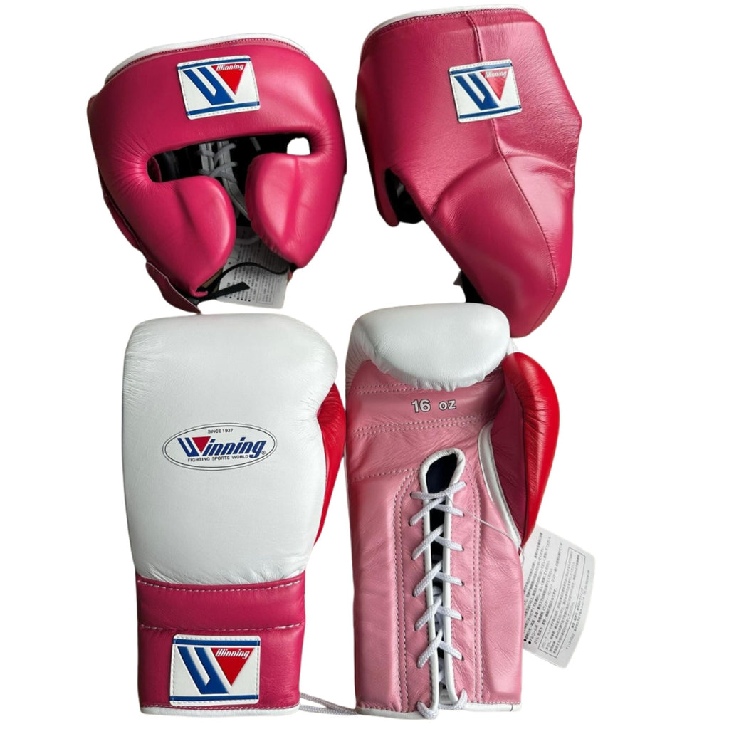 Winning boxing gloves set Pink White Leather Lace up - Velcro