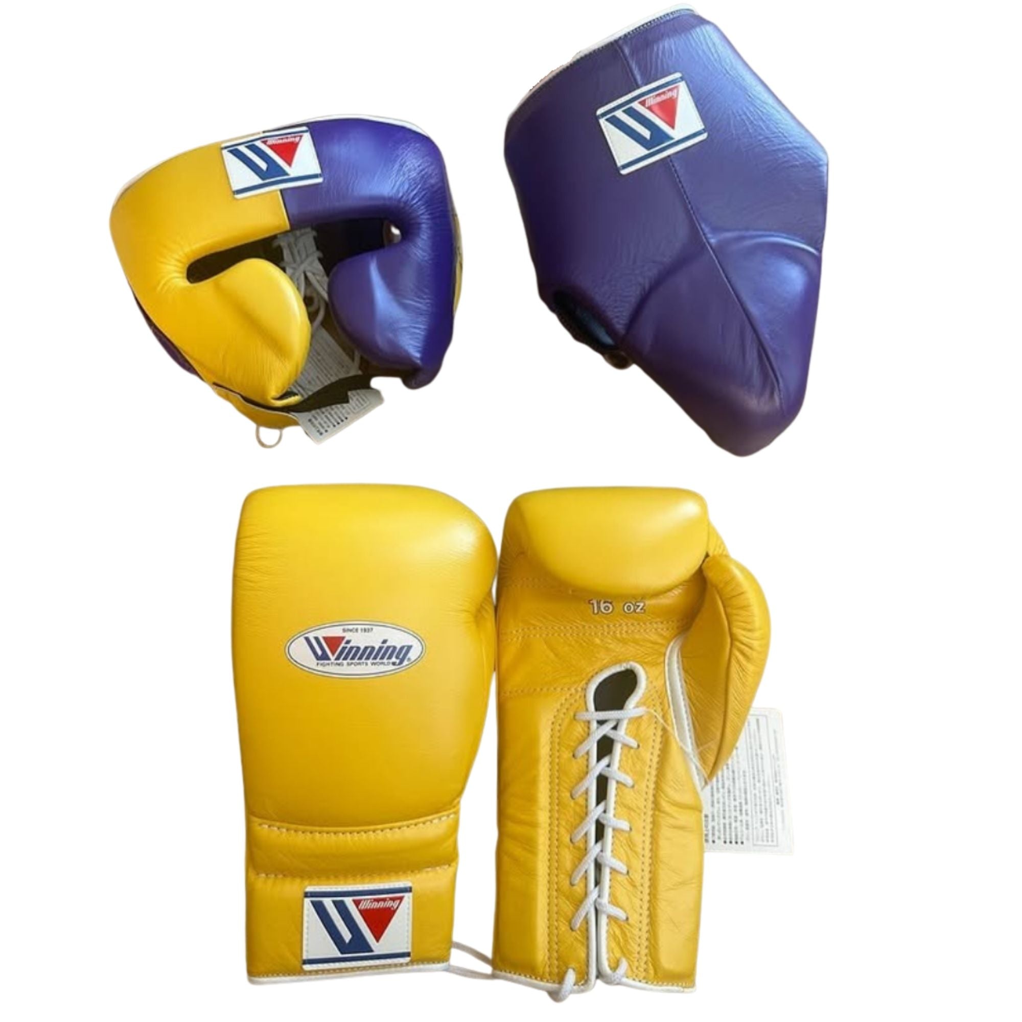 Winning boxing gloves set  Purple Yellow Leather Lace up - Velcro