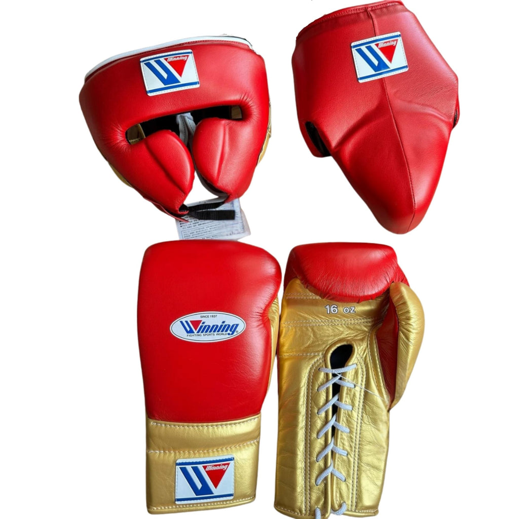 Winning boxing gloves set Red Gold Leather head and groin protector 