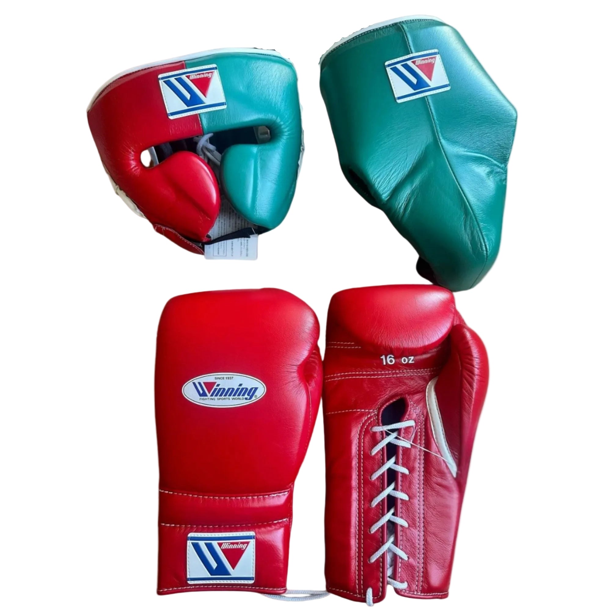 Winning boxing gloves set Red Green Leather Helmet and Groin protector 
