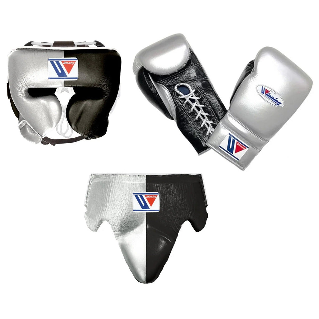Winning boxing gloves set Silver Black Lace up