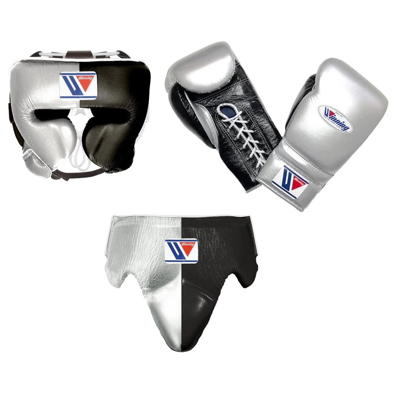 Winning boxing gloves set Silver Black Lace up