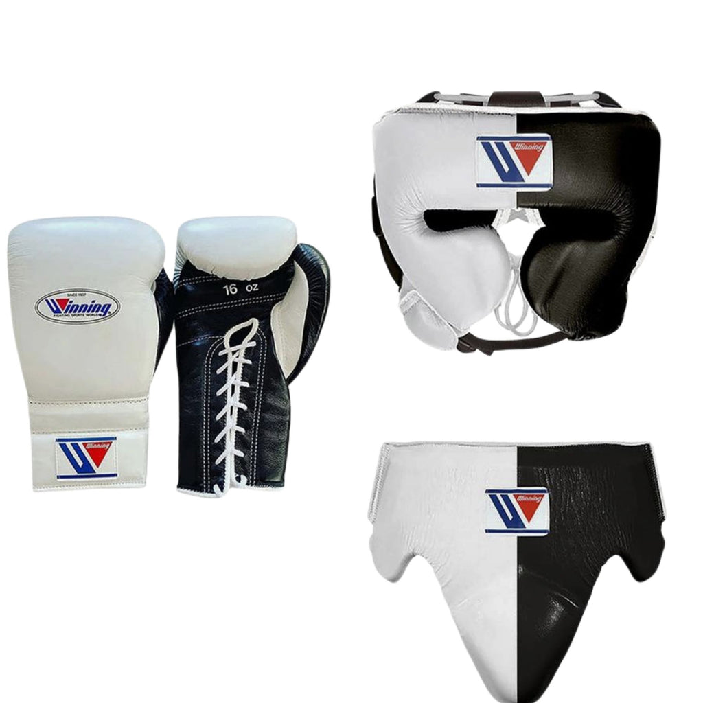 Winning boxing gloves set White Black Leather Lace up - Velcro