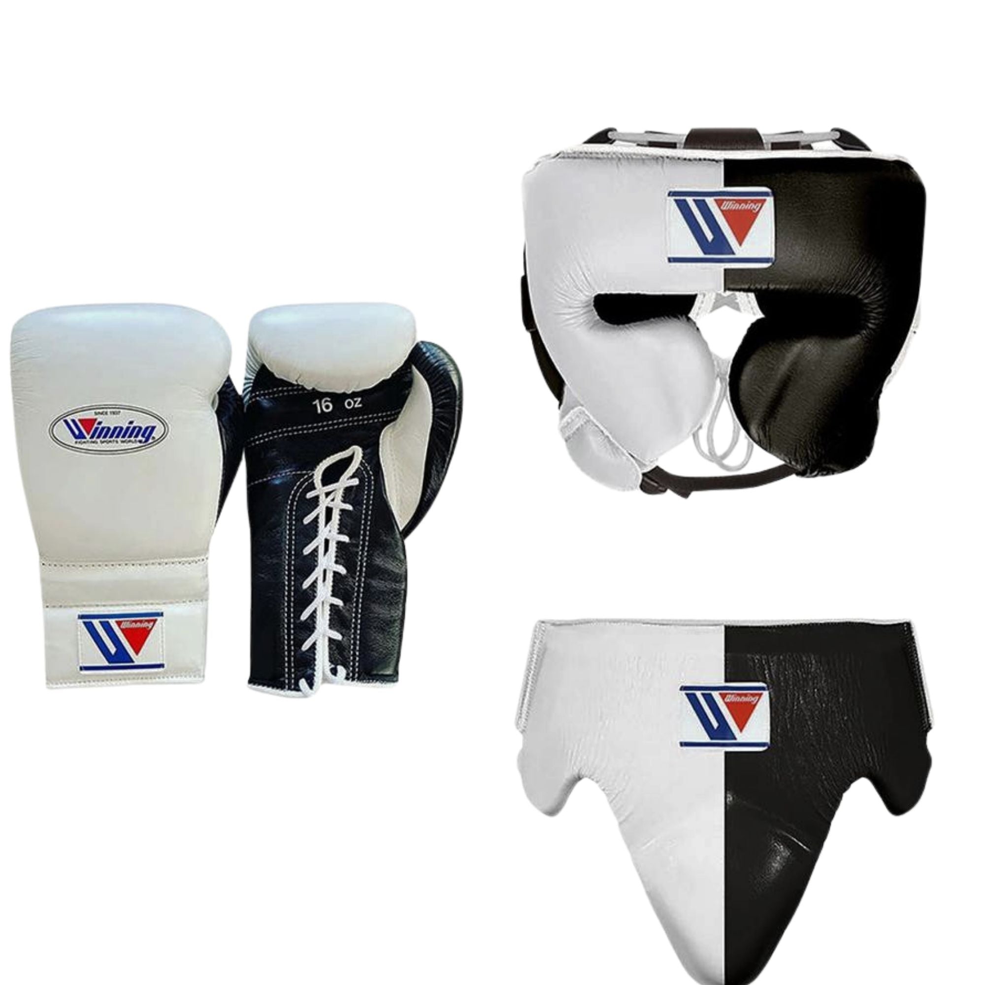 Winning boxing gloves set White Black Leather Lace up - Velcro