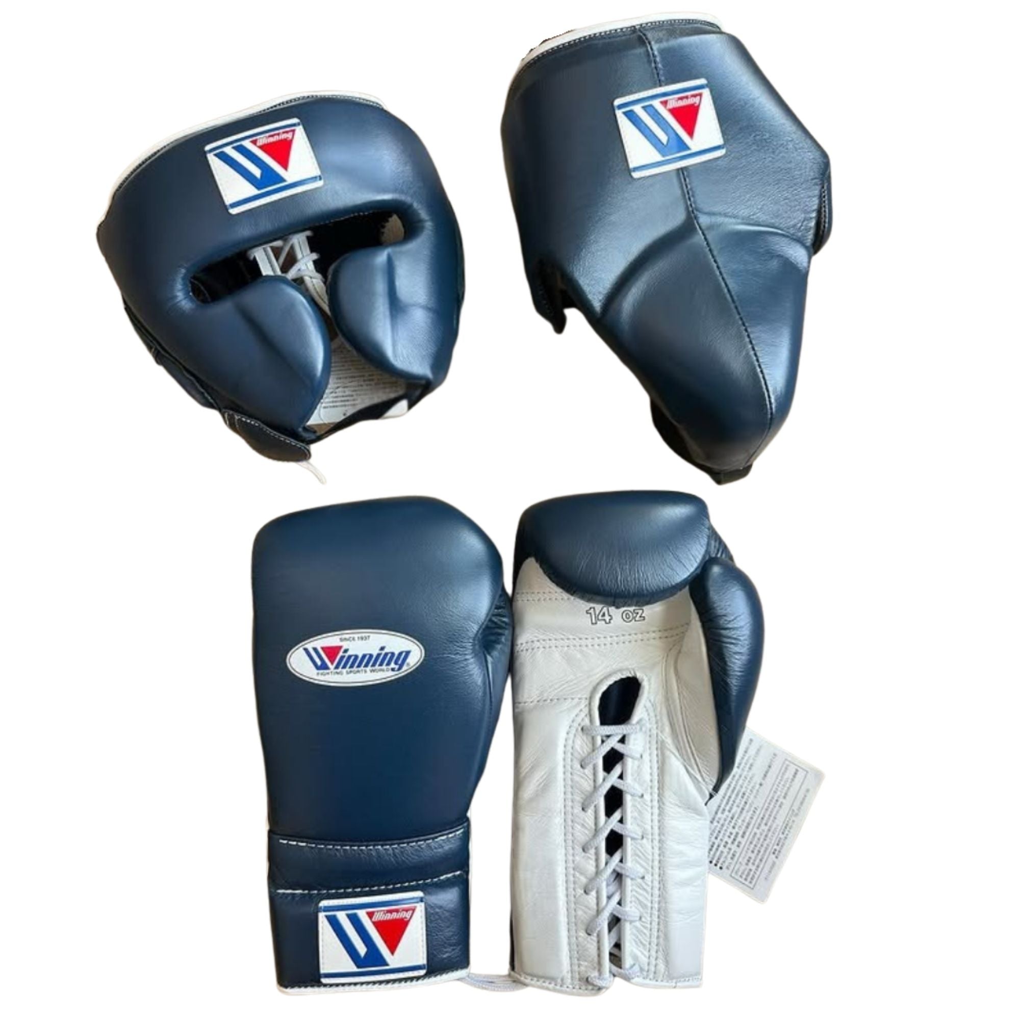 Winning boxing gloves set White Blue Leather Lace up - Velcro