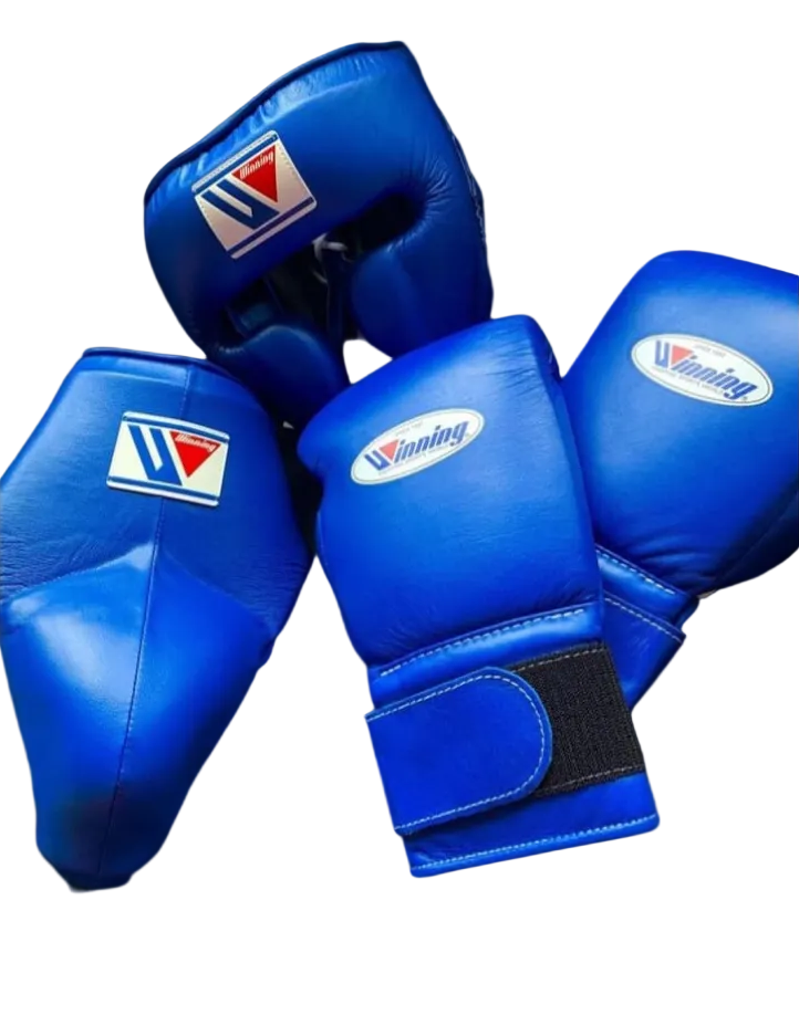 Winning boxing set Blue Leather Velcro Gloves