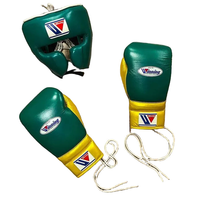 Winning boxing set Green Golden laceup gloves