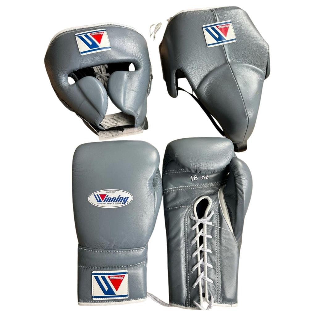 Winning boxing set Grey Leather Face Groin Protection 