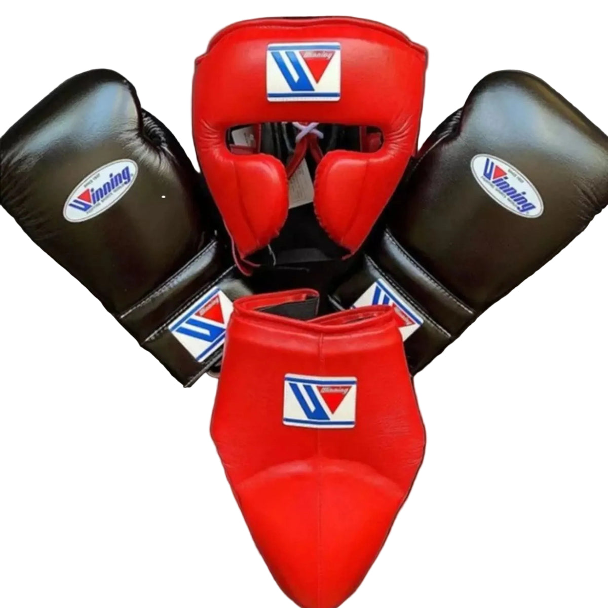 Winning boxing set Red Black leather gloves laceup