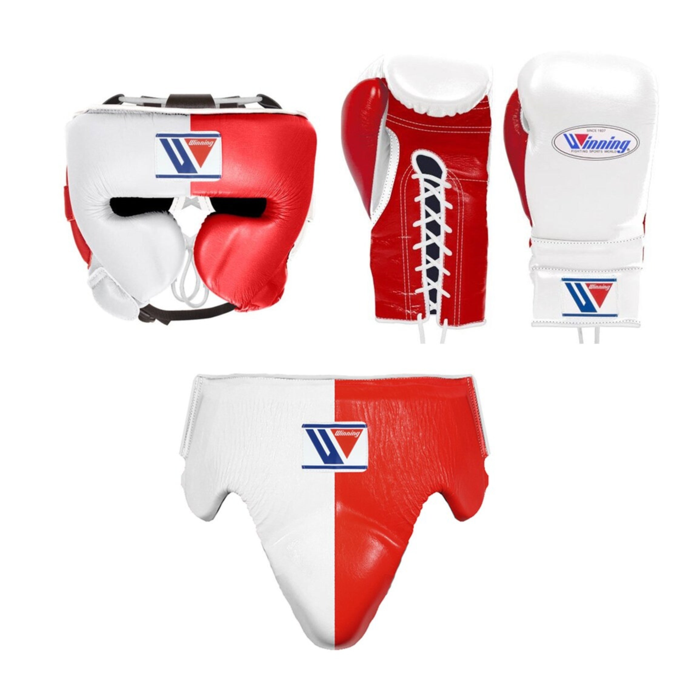 Winning boxing set Red White leather laceup gloves