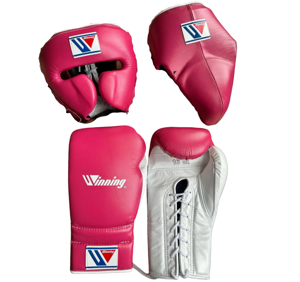 Winning boxing set White Pink Leather Face Groin protector