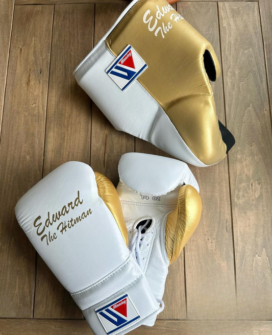 Winning strap Boxing Glove set, Winning Boxing gear, winning boxing set Winning Lace up White gold Boxing Glove set, Boxing Glove set, Winning boxing gear set, PF Fitness Gear, Winning set, PF FITNESS GEAR winning gear