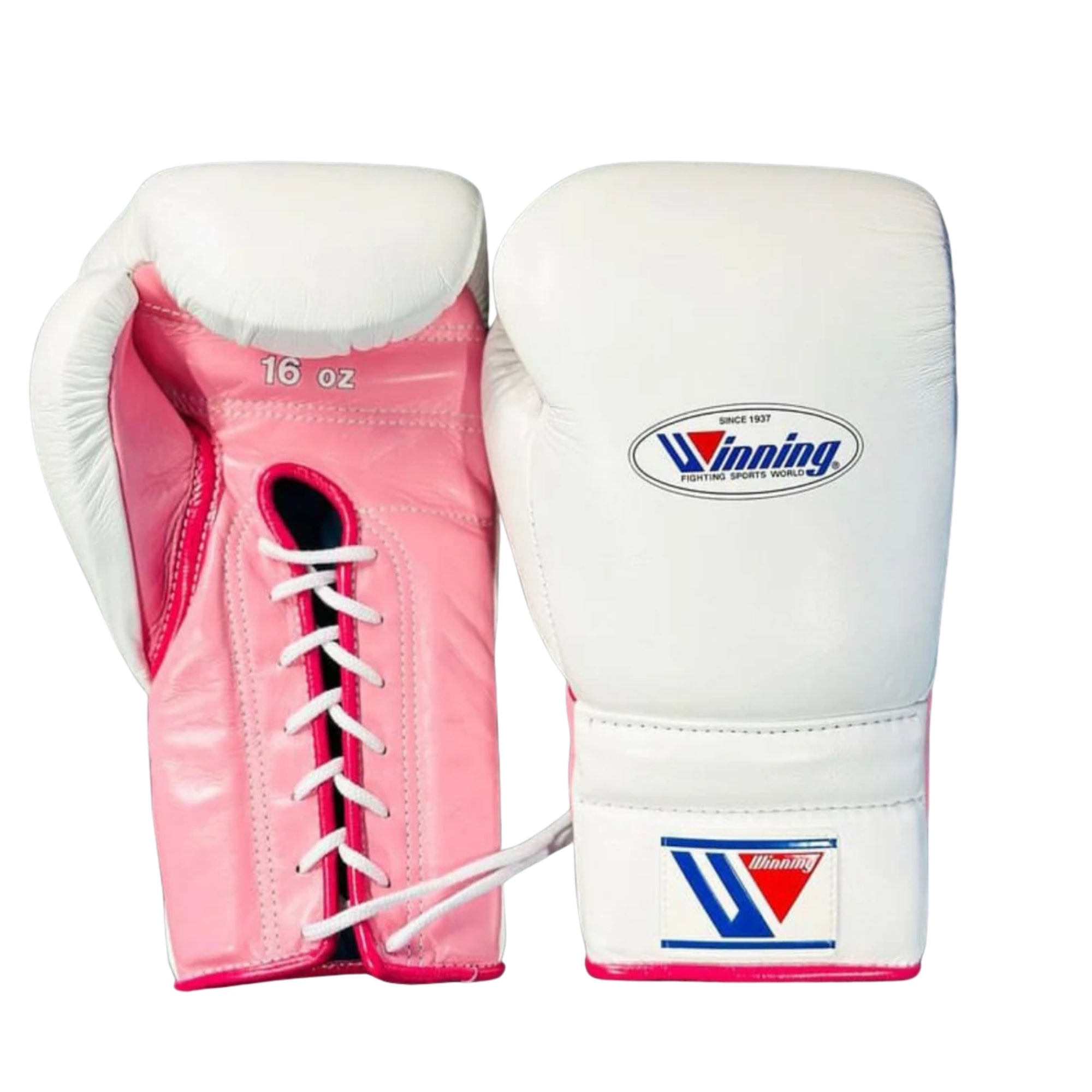 Winning training boxing gloves 16oz Pink White Leather Lace up - Velcro