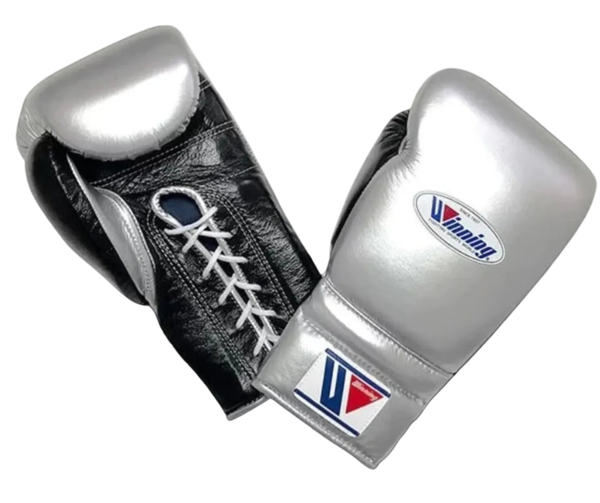 Winning training boxing gloves Silver Black Leather Lace up - Velcro