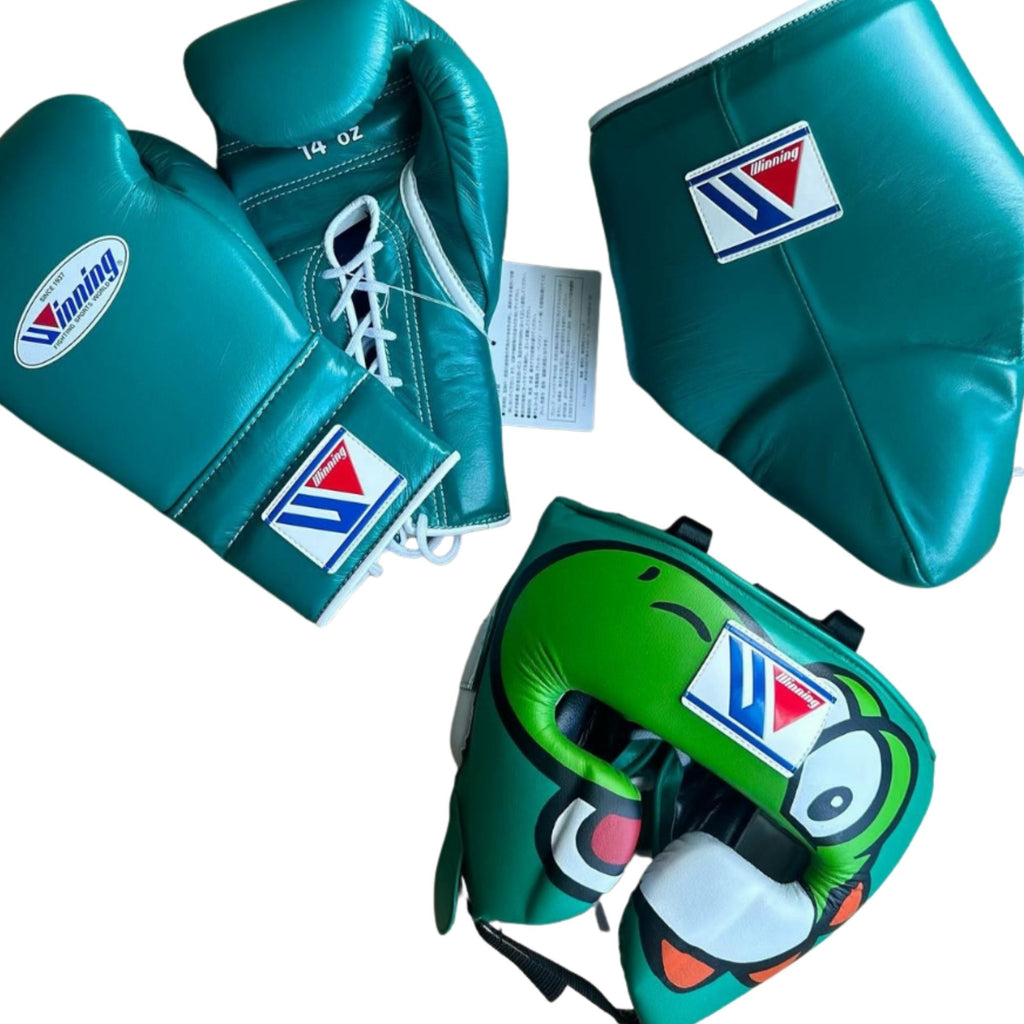 Winning training boxing gloves Yoshi set Green Leather Lace up - Velcro