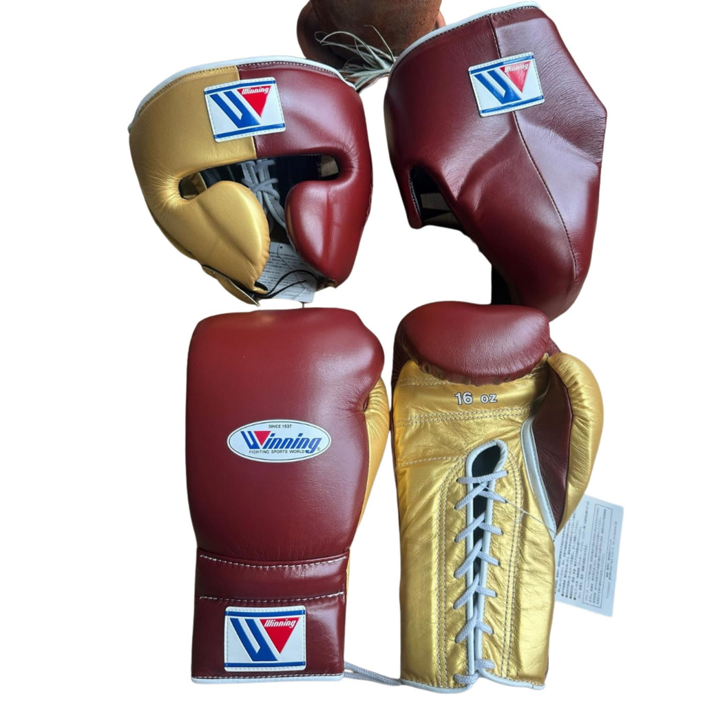 Winning training boxing set Gold Leather Face Groin Protection