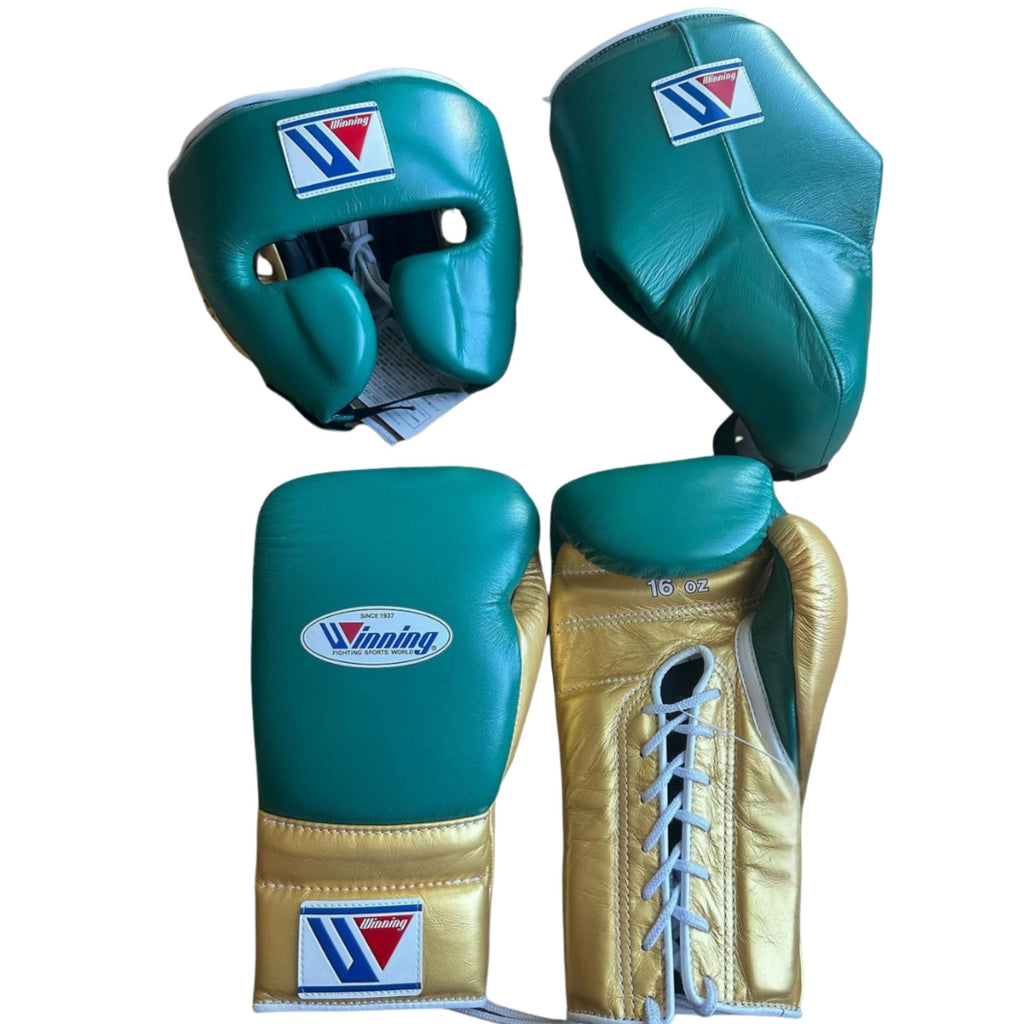 Winning training boxing set Green Gold Leather Head & Groin protector 