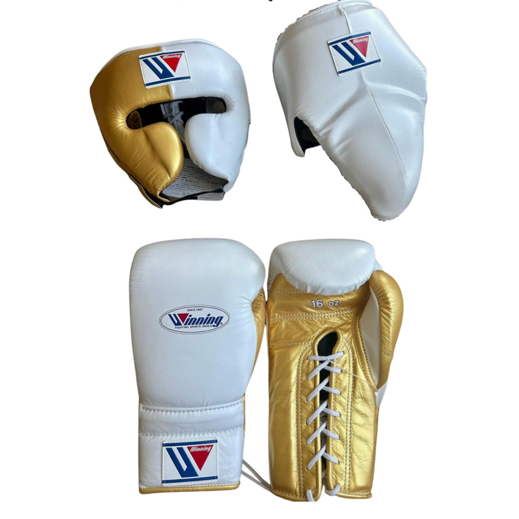 Winning training boxing set White Gold Leather Head and Groin Protector